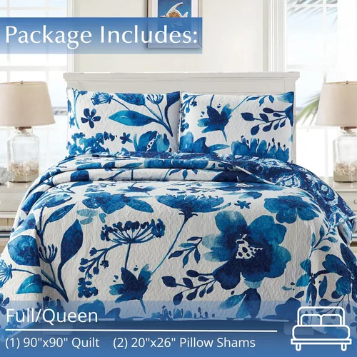 Vista 4 de Virah Bella Juego de ropa de cama tamaño matrimonial/queen, edredón reversible ligero con estampado botánico índigo, con 2 fundas de almohada a