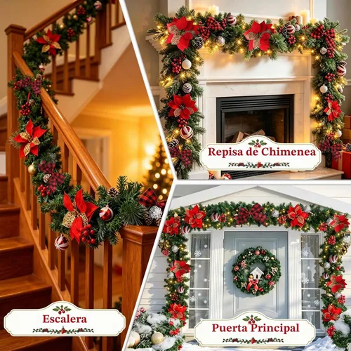 Vista 2 de Guirnalda de Navidad de 2,7 m con 100 luces, funciona con pilas, guirnaldas artificiales preiluminadas con bolas rojas, conos de pino, ramas