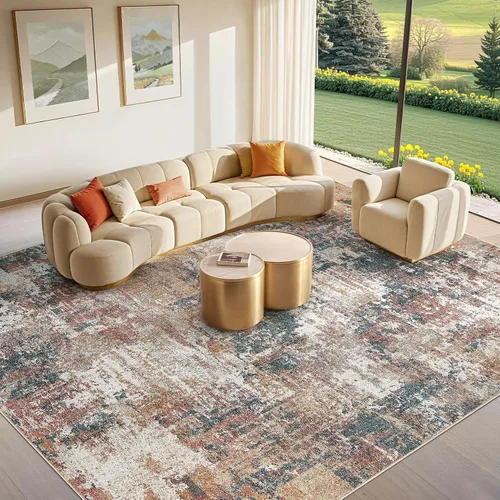 Vista 41 de Tortania Alfombra redonda lavable de 5 pies para sala de estar: Alfombra moderna abstracta neutra grande suave y delgada – Alfombra antideslizante