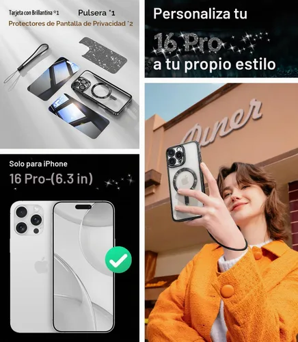 Vista 2 de Meifigno - Funda diseñada para el iPhone 16 Pro de 6.3", [Tarjeta de purpurina y correa para la muñeca] [Compatible con MagSafe]