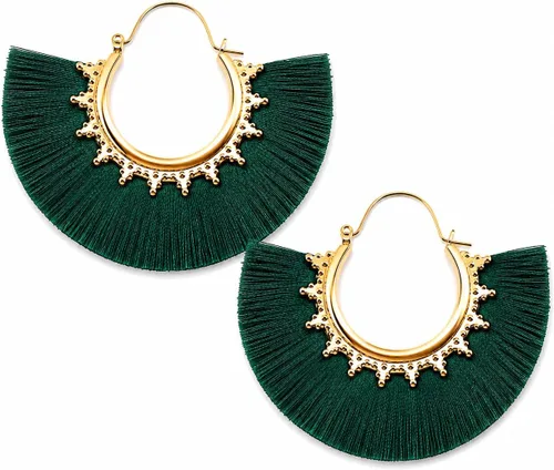 Vista 42 de Aretes de aro con borla, aretes colgantes de hilo de declaración, elegantes aretes largos con flecos, ligeros, largos y con gancho francés, para un