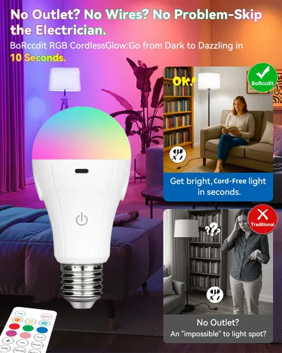 Vista 3 de CordlessGlow - Bombillas recargables con control remoto, 5 RGB + 3 CCT regulables, funciona con pilas, para lámparas cableadas y sin cableado