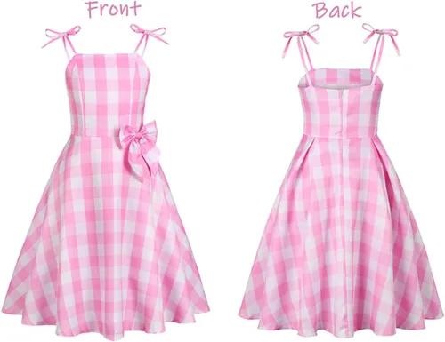 Vista 4 de Disfraz de heroína de la película para niños, vestido rosa, disfraz de Halloween, traje de fiesta con collar, aretes, horquilla