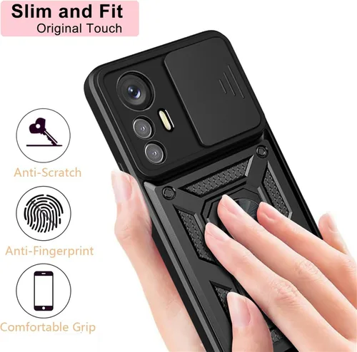 Vista 5 de Funda de teléfono celular para Xiaomi Redmi Note 12S, protección resistente con cubierta deslizante para cámara, soporte giratorio de metal de 360°