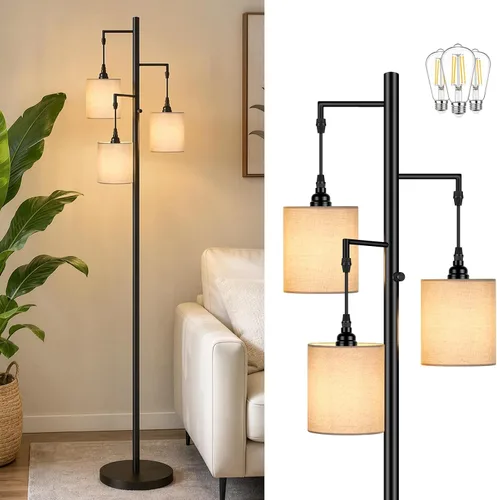 Vista 10 de Sucolite Lámpara de Pie Regulable de 70" para Sala de Estar, Lámpara de Pie Industrial de Árbol de 3 Luces Negra con Jaulas, Lámpara de Pie Alta