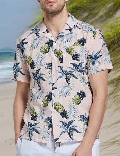 Vista 6 de Janmid Camisas hawaianas florales de manga corta con botones para hombre