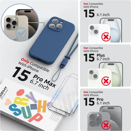 Vista 2 de SURPHY Funda diseñada para iPhone 15 Pro Max con protector de pantalla y cordón, correa de teléfono y funda de silicona líquida para teléfono