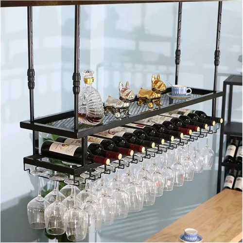 Vista 2 de Estante para vino montado en la pared con soporte para botellas y vidrio, estante de metal para colgar copas de vino, soporte de vino colgante