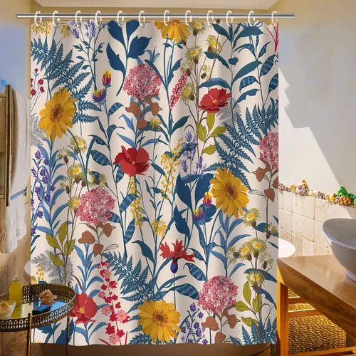 Vista 3 de RosieLily Cortinas de ducha, juego de cortinas de ducha florales con 12 ganchos, cortinas de ducha coloridas florales y hojas, decoración de baño