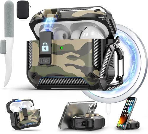 Vista 16 de Maxjoy Funda para AirPods Pro 3 2025, MagSafe compatible con bloqueo automático, funda protectora a prueba de golpes con soporte para teléfono