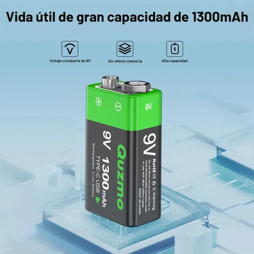 Vista 2 de Paquete de 2 baterías recargables de iones de litio de 9 voltios, 1300 mAh de larga duración, recarga USB-C con cable de carga 2 en 1 para alarmas