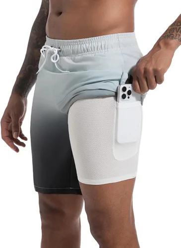Vista 35 de Difficort - Traje de baño para hombre con forro de compresión, pantalones cortos de secado rápido con bolsillos con cremallera 1-a/ Rayas negras