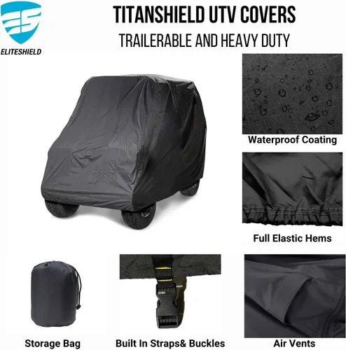 Vista 2 de EliteShield Cubierta impermeable Quad 4 x 4 UTV, cubierta de almacenamiento SXS para vehículo utilitario resistente, color negro se adapta hasta 108
