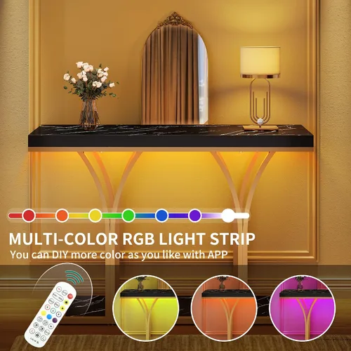Vista 3 de YITAHOME Mesa consola dorada con luces LED, mesa de entrada, moderna y estrecha mesa auxiliar para sofá lateral con parte superior de mármol