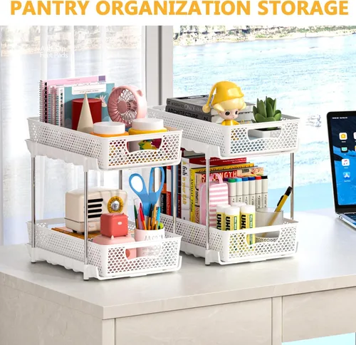 Vista 6 de DABIGE Paquete de 2 organizadores de baño extraíbles y almacenamiento, organizador de almacenamiento apilable de 2 niveles para baño, gabinete