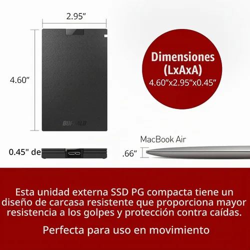 Vista 3 de BUFFALO SSD externo de 500GB - Compatible con PS4 / PS5 / Windows/Mac - USB-C - USB-A - USB 3.2 - Unidad de estado sólido externa - SSD-PG500U3B