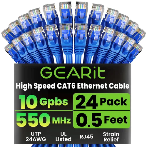 Vista 21 de GEARit Paquete de 24 cables Ethernet Cat6 de 0.5 pies Cable de conexión de red RJ45, conectores chapados en oro sin enganches de 10 Gbps, cable