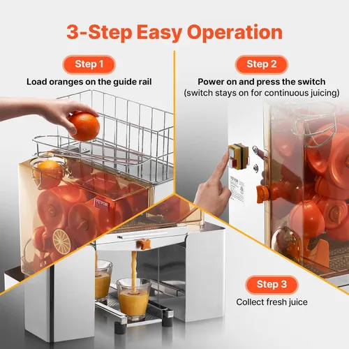 Vista 6 de VEVOR Exprimidor de naranja comercial, extractor de jugo automático de 120W, exprimidor de naranja de acero inoxidable para 20 naranjas por minuto