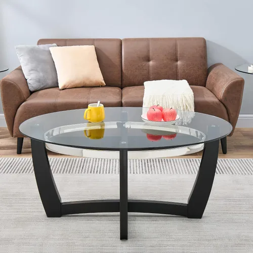 Vista 4 de KFZ1331 - Mesa auxiliar de cristal con base de madera maciza para sala de estar, mesa central ovalada, resistente y moderna, 43.3 pulgadas de largo
