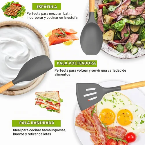 Vista 4 de Umite Chef 36 utensilios de cocina de silicona con soporte, juegos de utensilios de cocina resistentes al calor, mango de madera, utensilios de Gris