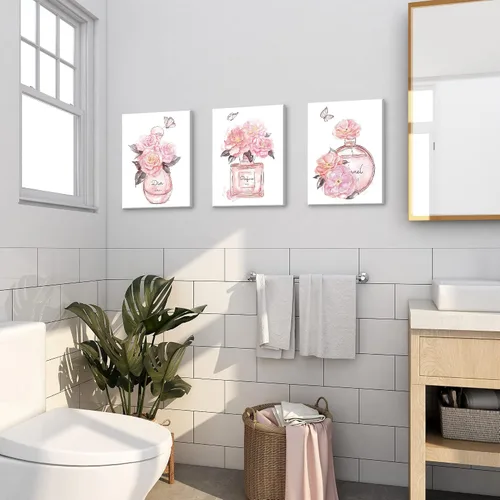 Vista 2 de SUMGAR Arte de pared rosa para dormitorio de niñas, decoración de pared de perfume de moda, flores, mariposas, cuadros de lienzo con marco gris