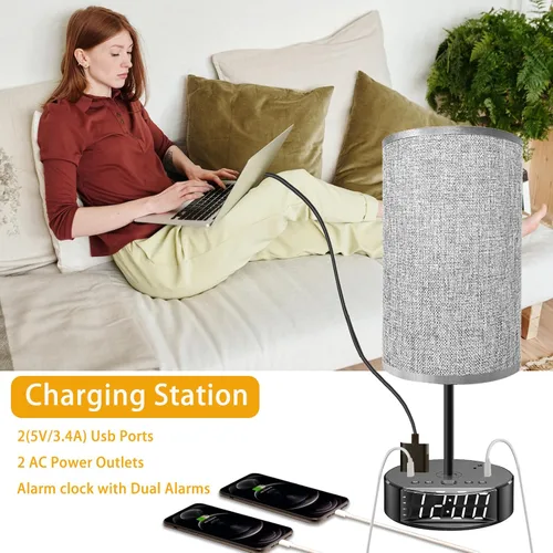 Vista 2 de Lámpara de mesa – Lámpara de noche con puertos USB y tomacorrientes, lámpara de dormitorio con base de reloj despertador, 3 vías regulables modernas