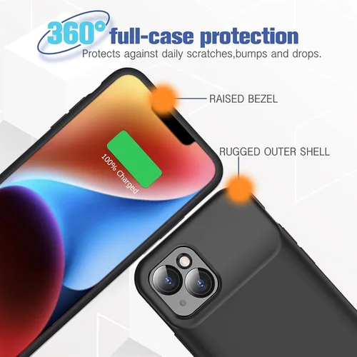 Vista 4 de Funda de batería para iPhone 14, Full Encircle 7000mAh Ultra-Slim Recargable Inteligente Portátil Cubierta de Carga Extendida Batería Compatible