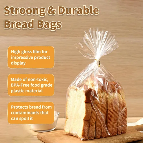 Vista 5 de Bolsas de pan con lazos, 100 bolsas de pan transparentes para pan casero y 100 lazos, bolsas de pan ajustables reutilizables de plástico, bolsas
