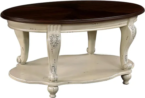 Vista 11 de Mesa de café ovalada de madera para sala de estar, mesa de café de dos niveles de madera maciza con estante de almacenamiento abierto, mesa