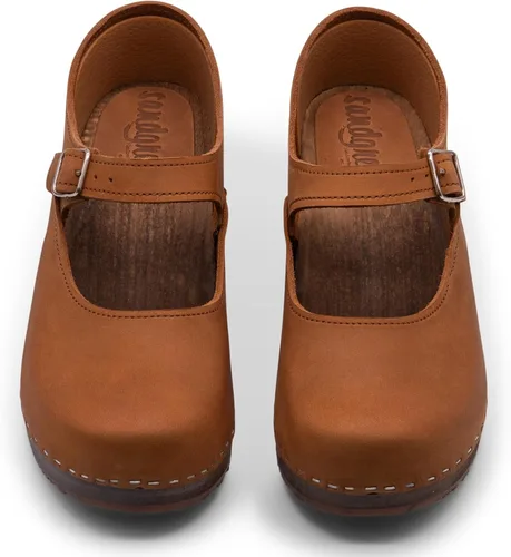 Vista 7 de Sandgrens Zuecos de madera sueca hechos a mano para mujer, sandalias de tacón bajo Mary Jane
