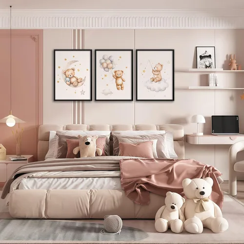 Vista 7 de 3 piezas de arte de pared con marco de oso de peluche para guardería, lienzo con oso durmiendo en la luna y estrellas, decoración de pared, imágenes