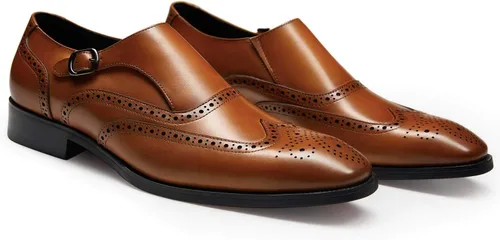 Vista 7 de FRASOICUS Zapatos de vestir para hombre, de cuero genuino, correa de monje, zapatos formales con punta de ala, mocasín sin cordones