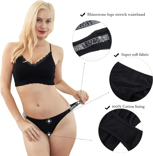 Vista 2 de LEVAO Bragas sexis tangas para mujer con letras de diamantes de imitación tanga de talle bajo paquete múltiple paquete de 3-6 S-XL