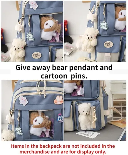 Vista 6 de Mochila de viaje para mujer, 5 unidades, diseño de oso con diseño de dibujos animados, alfileres de alta capacidad, ligero, kawaii, preppy, mochila