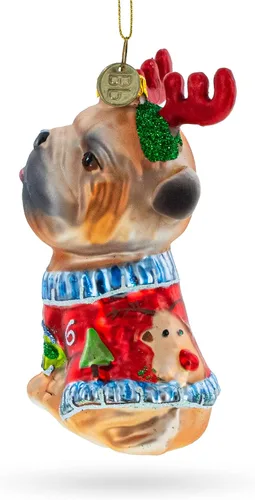 Vista 3 de Pug con cuernos de reno, adorno navideño de vidrio soplado