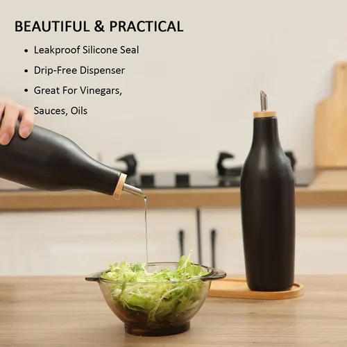 Vista 4 de HOMCDALY Dispensador de aceite de oliva de cerámica para cocina, dispensador de botellas de aceite y vinagre de gres de 16 oz, botella dispensadora