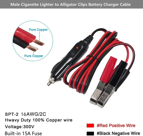 Vista 2 de Cable de extensión de pinza de cocodrilo a encendedor de cigarrillos macho, cable de carga de batería de puente de 12 V-24 V, cable eléctrico