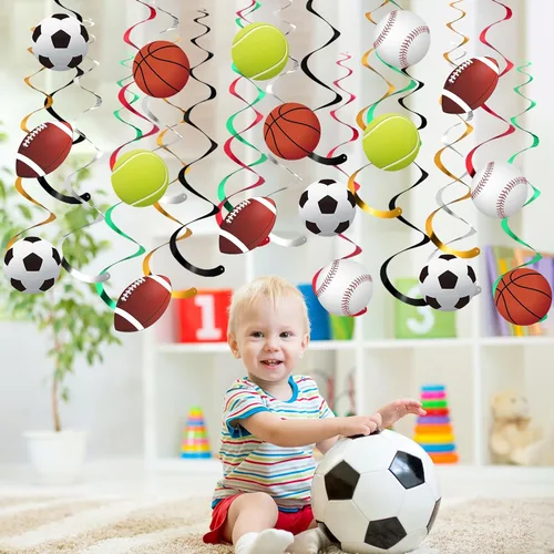 Vista 6 de Dianelhall 30 juegos de decoraciones de remolinos colgantes para fiestas deportivas, baloncesto, fútbol, béisbol, tenis, serpentinas de techo