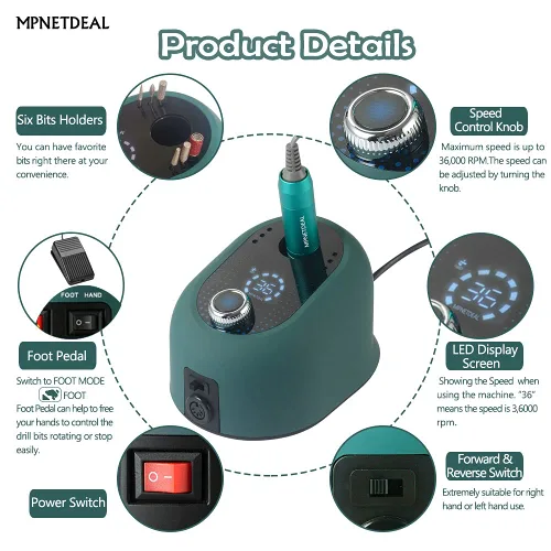 Vista 5 de MPNETDEAL Taladro eléctrico de uñas profesional e-File con pantalla digital LED, herramientas profesionales menicure para uñas acrílicas