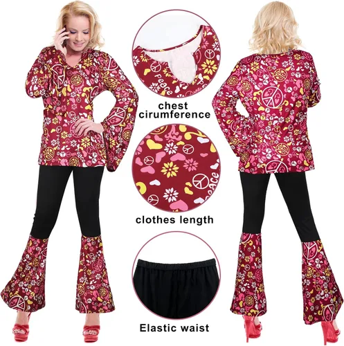 Vista 4 de Jiuguva Conjunto de 17 piezas de disfraz hippie de los años 60 y 70 para mujer, vestido de discoteca, pantalones bohemios, acampanados, camisa
