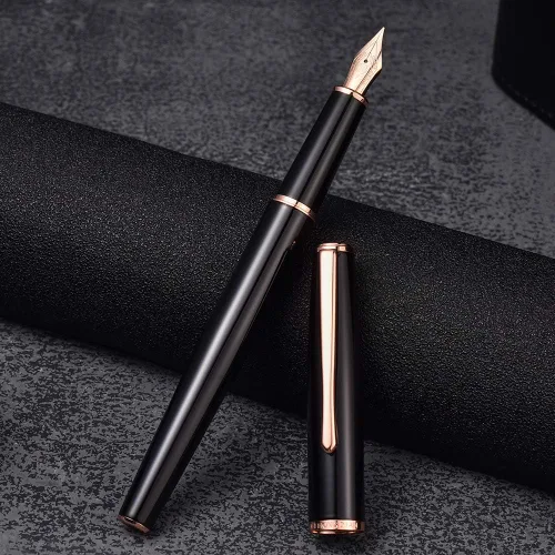 Vista 21 de Hongdian 920 - Pluma estilográfica de metal negro, chapado en oro rosa, pluma de escritura suave, pluma clásica con convertidor de tinta
