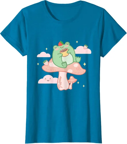 Vista 74 de Kawaii Strawberry Frog On Mushroom - Camiseta de manga corta de anime, Azul / Patchwork, S Azul Pastel
