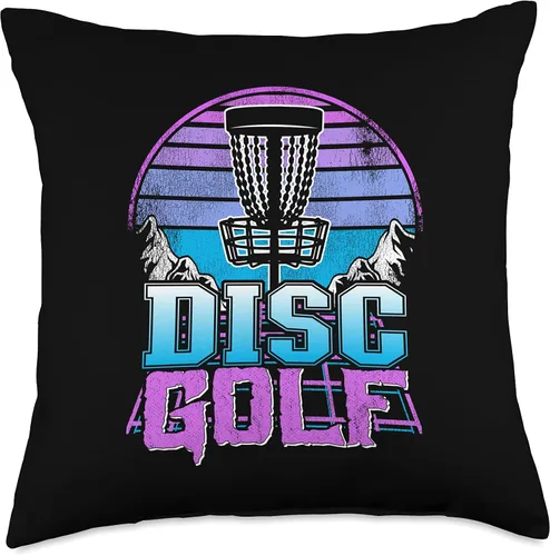 Vista 4 de Disc Golf Basket 90s Synthwave Sunset Retrowave Frisbee Golf Throw Pillow