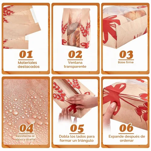 Vista 3 de Gueevin - 50 bolsas de pan de papel kraft para ventana transparente de masa