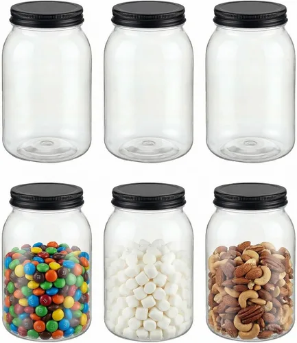 Vista 10 de Novelinks - Tarros de plástico de 32 onzas y recipientes de plástico con tapas 12 Pack, Black, 32 oz Clear Plastic Jars with Lids, Quart Mason