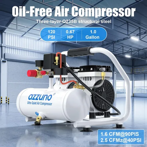 Vista 4 de AZZUNO Compresor de aire de 1 galón, tanque de compresor de aire sin aceite de 1.6CFM a 90PSI y presión máxima de 116 PSI, compresor ultra