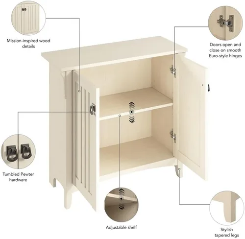 Vista 5 de Bush Furniture Salinas - Armario de almacenamiento pequeño con puertas y estantes en color blanco antiguo, baúl de 2 puertas para oficina en casa