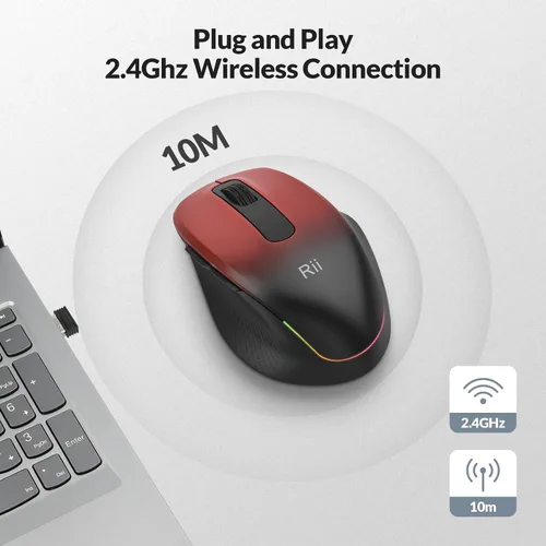 Vista 4 de Rii Mouse inalámbrico recargable, 2.4 GHz con receptor USB, 1000/1200/1600 DPI, agarres ergonómicos, teclas silenciosas, mouse inalámbrico
