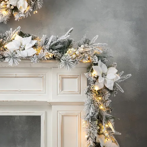 Vista 17 de Glitzhome - Guirnalda de Navidad de 9 pies con luces, guirnalda de Navidad para repisa, guirnalda de Navidad artificial preiluminada con conos