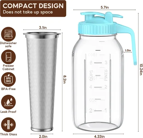 Vista 3 de Paquete de 2 tarros de café frío de 64 onzas, máquina de café frío de vidrio grueso con asa, filtro de acero inoxidable y tapa a prueba de fugas